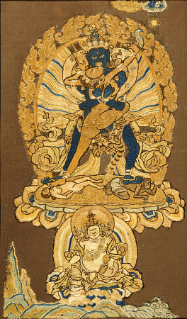 A Tibetan Embroidered Fragment Depicting Samvara Embracing His Consort von 