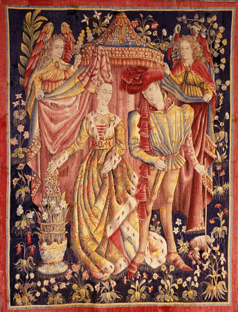 A Tournai Betrothal Tapestry Depicting A Man And Woman In Fine Dress Beneath A Canopy Held Back By T von 
