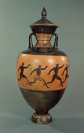 Attic black-figure Panathenaic amphora decorated with running men, Greek 375-370 BC