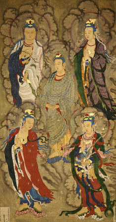 A Very Rare Buddhist Painting Of Guanyin And Four Bodhisattvas, von 