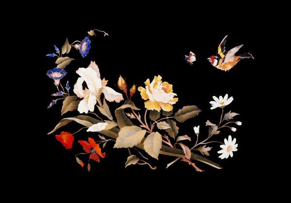 A Florentine Pietra Dura Panel, Inset With A Goldfinch Chasing A Butterfly Above A Floral Bouquet von 