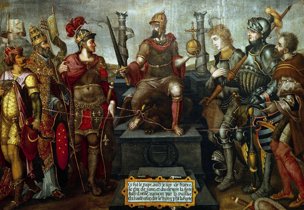 Allegorie auf d. Reich Karls V,  Charles V., Francis I, Clemens VII., Suleiman II. & Protestan dukes von 
