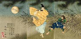 A  Triptych  Of Fujiwara No Yasumasa Playing The Flute