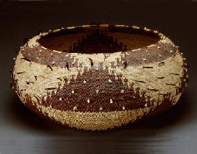 A Fine And Large Pomo Gift Basket Of Willow, Redbud And Sedge Root With Attached Quail Feathers And