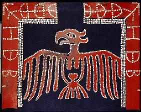 A Kwakiutl Button Blanket,  Bordered With Red At The Sides, Dark Blue Central Field And Depicting A