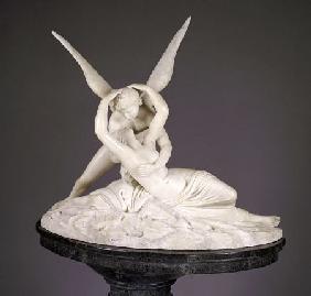 An Italian Alabaster Group Entitled Cupid And Psyche, On Marble Pedestal After Antonio Canova (1757-