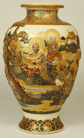 A Satsuma Moulded Baluster Vase Decorated With Various Sages And Scholars