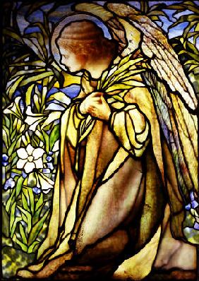A Stained Glass Window Of An Angel By Tiffany Studios