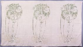 A Stencilled Linen Panel Of Three Stylised Rose Motifs In Green And Cream, Designed By Charles Renni