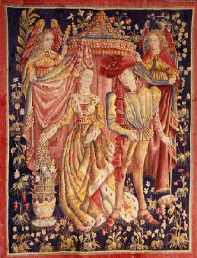 A Tournai Betrothal Tapestry Depicting A Man And Woman In Fine Dress Beneath A Canopy Held Back By T