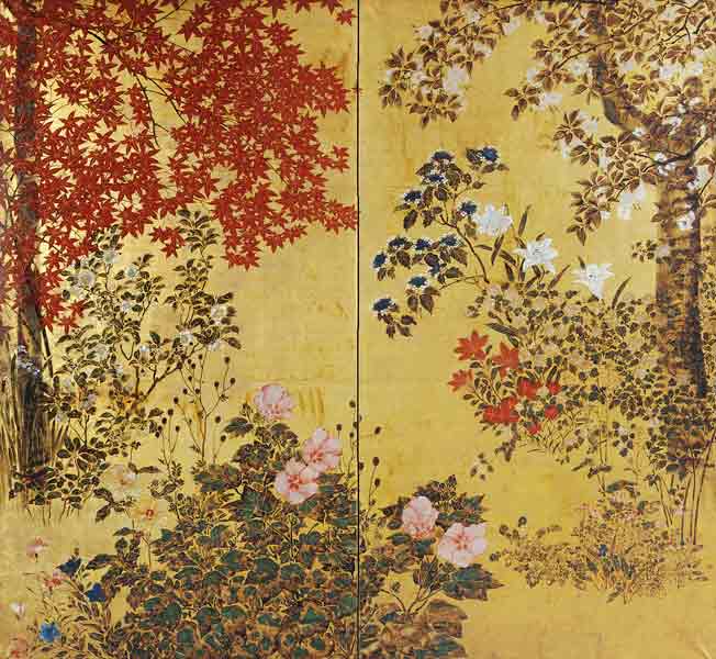 A Two Leaf Japanese Screen On Gold Paper With Maple Branches, Camellias, Hydrangeas, Cherry Flowers, von 