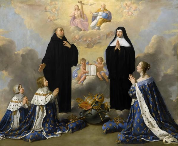 Anna von Österreich mit Kinder vor heiligen Dreifaltigkeit mit heiligen Benedikt und Scholastika von 