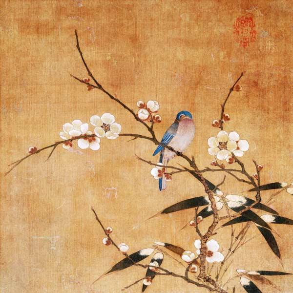 Blue Bird On A Plum Branch With Bamboo