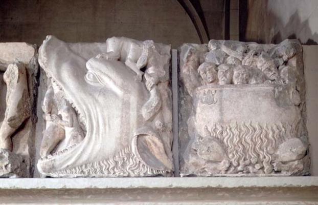 Bas-relief depiction of hell, showing figures being consumed by a monster and sinners boiling in a c von 