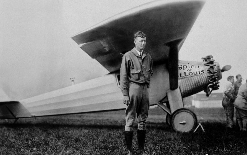 Charles Lindbergh American aviator in front of his plane Spirit of Saint Louis taking off from Roose von 