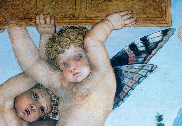 cherub holding a plate with butterfly wings.  von 