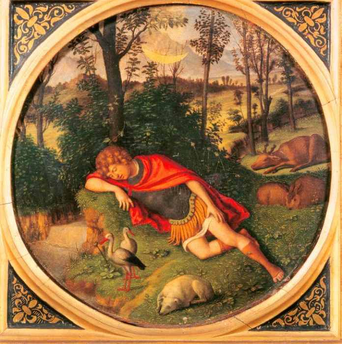 Circle young man sleeping mantle cloak red curls dog rabbits storks ox bushes trees trunks wood stre von 