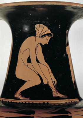 Crouching woman tying her sandal, detail from the neck of an Attic red-figure amphora, made by Pamph von 