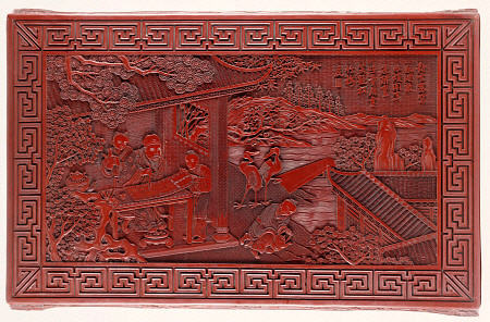 Detail From A Red Lacquer Rectangular Low Table Top, Depicting A Scholar In A Pavilion With Three At von 