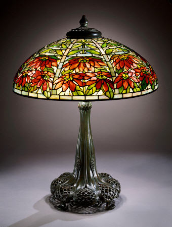 Double Poinsettia Leaded Glass And Bronze Table Lamp von 