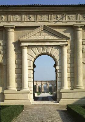Entrance to the Loggia di Davide, looking from the Cortile D'Onore through the garden to the Exedra, 09th