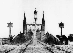 Gothic bridge and railway railroad over the Rhine in Strasbourg Alsace east of France after 1870