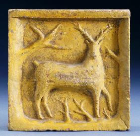 Glazed Earthenware Brick, With A Molded Decoration In The Form Of A Deer And Branches