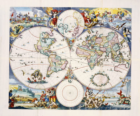 Hand-Coloured Engraved And Etched Wall-Map Of The World On 4 Sheets Cornelis III Danckerts (1664-171 von 