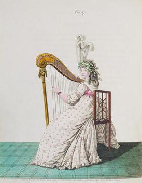 Lady playing the harp in evening dress from Nikolaus Heideloff's Gallery of Fashion, Vol II, April 1 1889