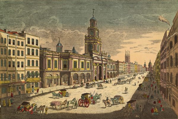 London, Alte Börse, Kupferstich um 1750 von 