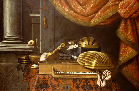 Lutes With A Clavichord On A Table, A Red Curtain Above von 