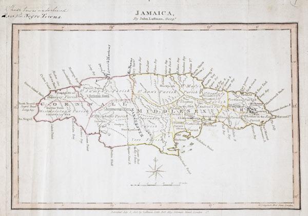 Map of Jamaica showing maroon settlements underlined, where runaway slaves found refuge, 1805 (ink o 14th