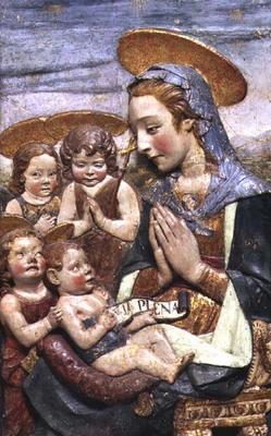 Madonna and Child with three cherubs, bas relief by Antonio Rossellino (1427-79) (tin glazed earthen von 