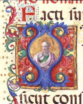 Ms 542 f.18v Historiated initial 'I' depicting a male saint from a psalter written by Don Appiano fr von 