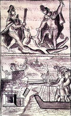 Ms Laur. Med. Palat. 220 f.471 (TtoB) Quauhtenco and Mayenatzin punishing traitors; the Spanish flee von 