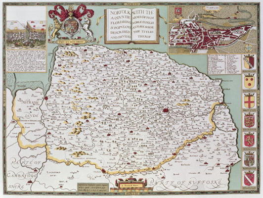 Norfolk, engraved by Jodocus Hondius (1563-1612) from John Speed's 'Theatre of the Empire of Great B von 