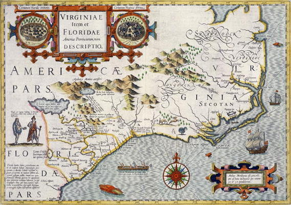 North Carolina, titled 'Virginiae item et Floridae' from the Mercator 'Atlas...' of 1606, pub. by Jo von 