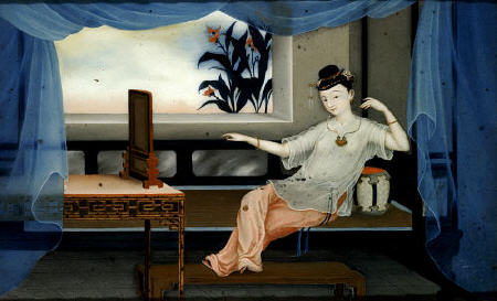 One Of A Pair Of Chinese Export Reverse Paintings On Glass Depicting A Lady Reclining On A Day Bed, von 