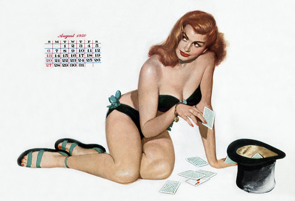 Pin up taking cards in a top hat, from Esquire Girl calendar von 