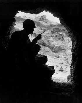 Pacific Front during Okinawa battle: US Marines sights on a Japanese Sniper April-June