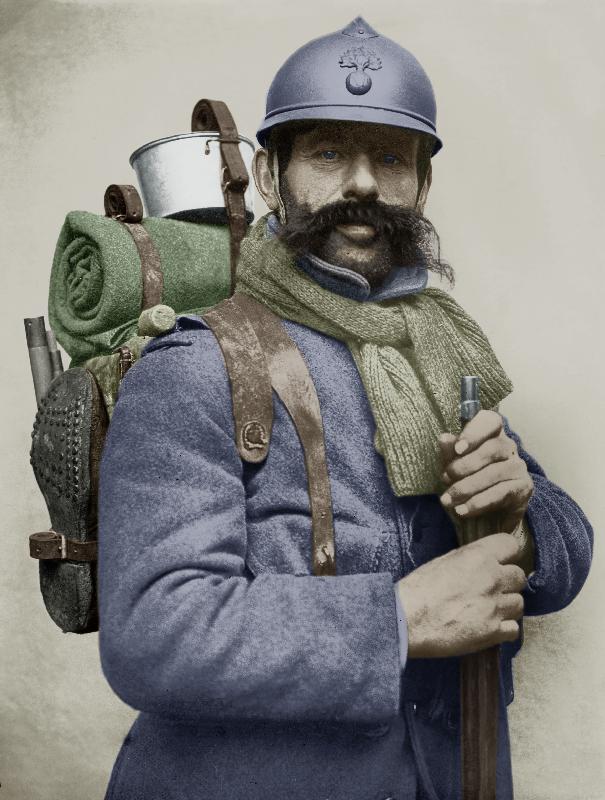 Portrait of a French soldier dressed with his sky blue military uniform and carrying a backpack, wit von 