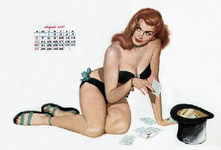 Pin up taking cards in a top hat, from Esquire Girl calendar 1950