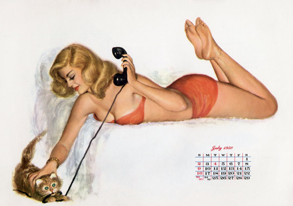 Pin up with a cat playing with phone wire, from Esquire Girl calendar von 