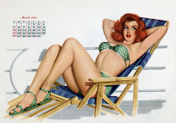 Pin up in bikini on a deckchair on a boat, tanning, from Esquire Girl calendar von 