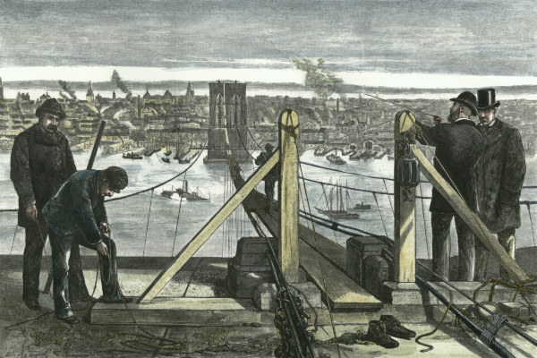 Roebling beim Bau der Brooklyn Bridge von 