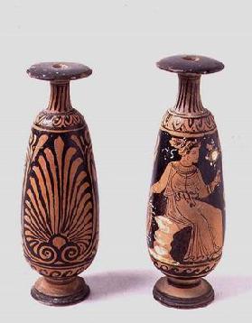 Red-figure alabastrons, one depicting a female figure seated on a rock, Greek (pottery) 1850
