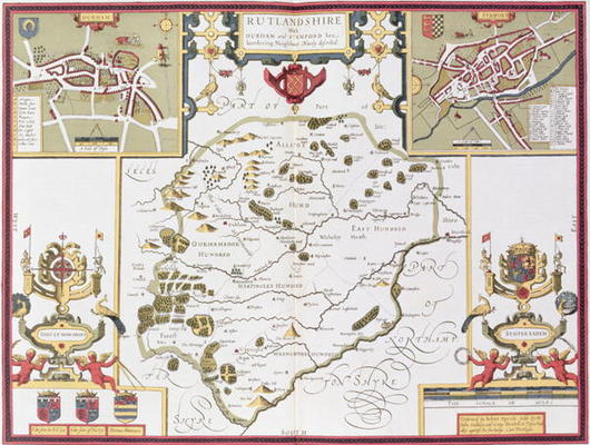 Rutlandshire with Oukham and Stanford, engraved by Jodocus Hondius (1563-1612) from John Speed's 'Th von 