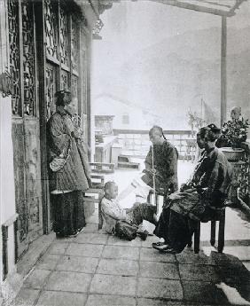 Servants smoking tobacco on their master''s veranda, from Illustrations of China by J Thompson, 1873