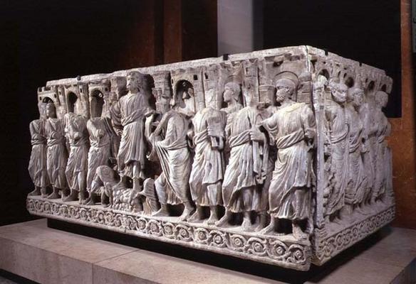 Sarcophagus depicting Christ and the Apostles, Roman (marble) von 
