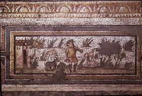 Scene of a goatherd with his goats, detail of the border from a mosaic pavement depicting the season 16th